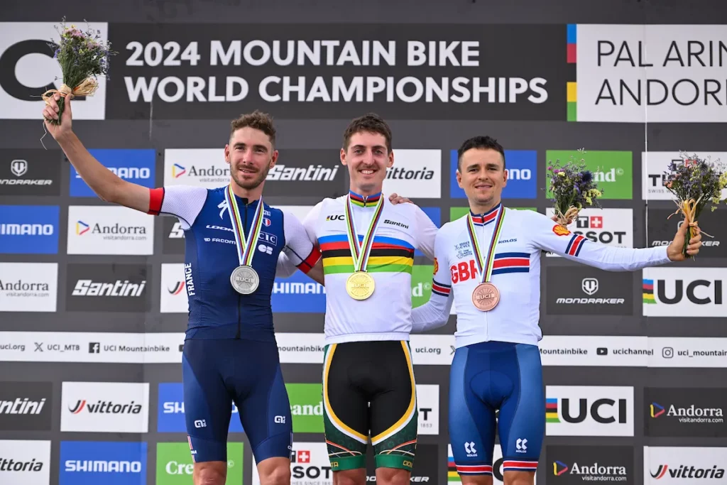 South African cyclist Alan Hatherly wins his first world title in Andorra, defeating Victor Koretzky and reigning champion Tom Pidcock in a thrilling race. (Image credit: SWPix.com)